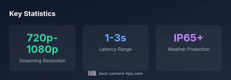 Stat cards for live camera on South Padre Island showing streaming resolution, latency, and weather protection.