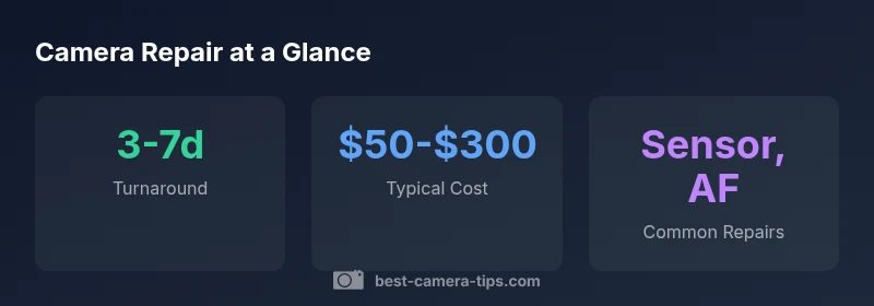 Infographic showing camera repair turnaround, costs, and common issues.