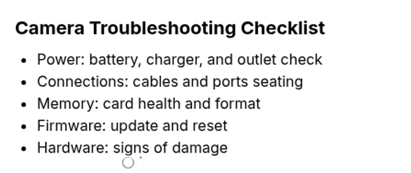 Checklist for camera troubleshooting steps