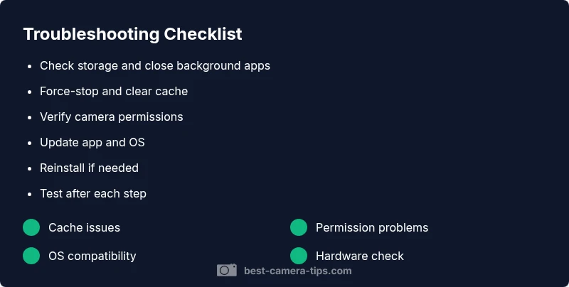 Checklist infographic for camera app troubleshooting