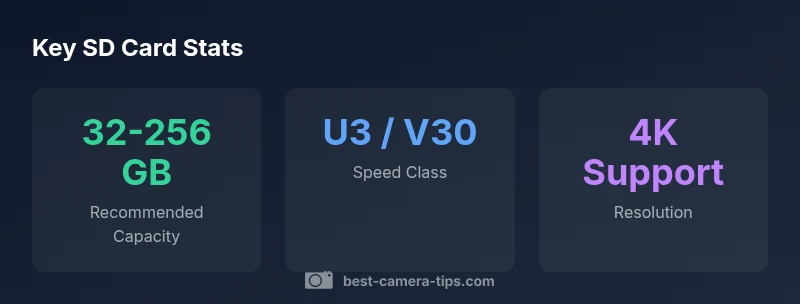Stats infographic showing capacity, speed class, and resolution for dash cam SD cards.